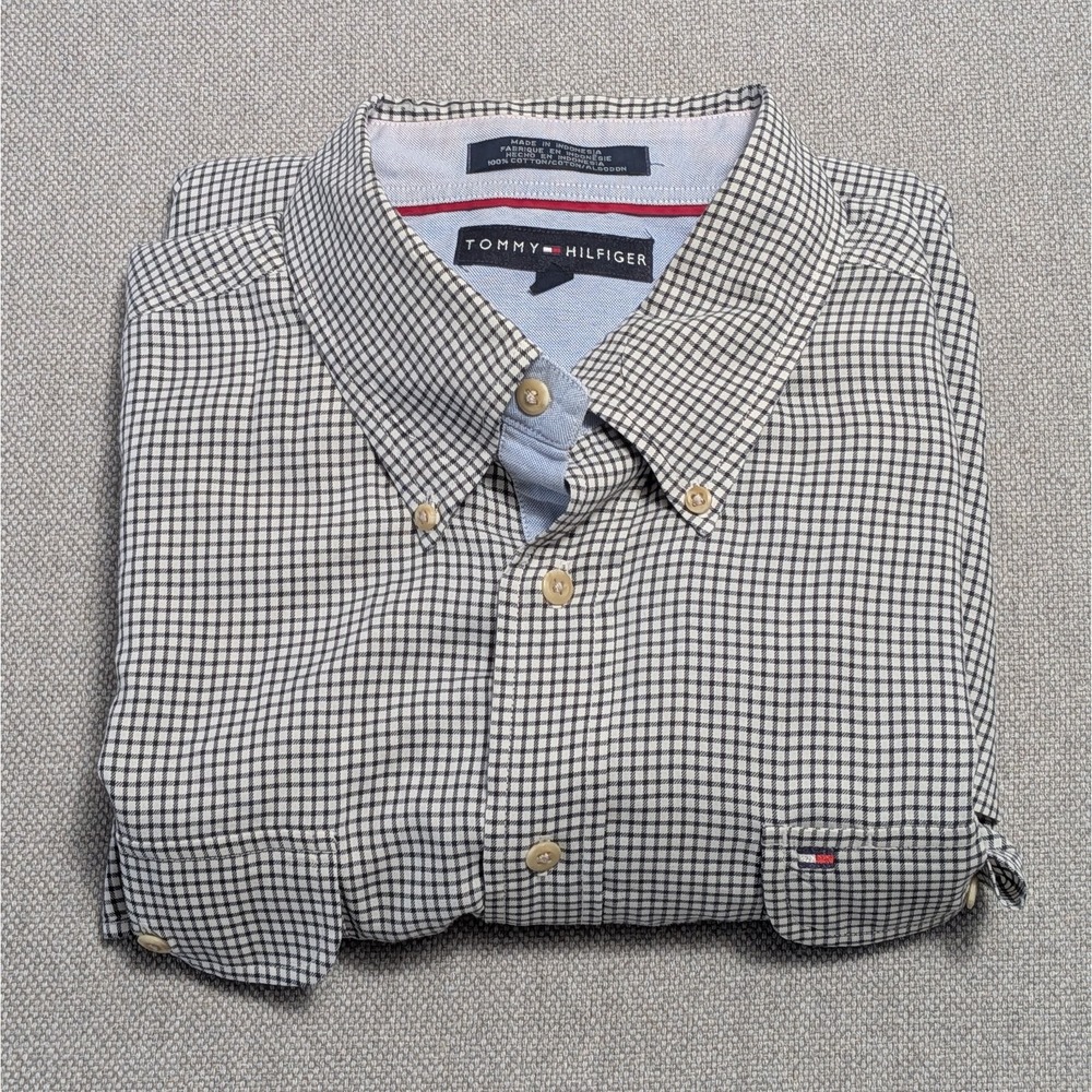 Tommy Hilfiger Men's Vintage Dress Shirt XL Black White Gingham Cotton